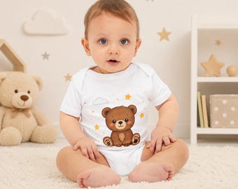Organic Cotton Baby Bear Bodysuit, Woodland Theme Onesie, Newborn Outfit