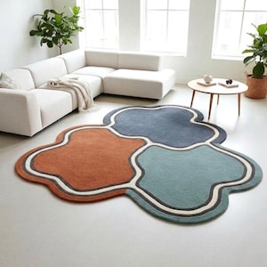 Hand-Tufted Wool Rug, Irregular Shaped Abstract Geometric Design, Green Blue Yellow, Modern Retro Mid-Century, Living Room Statement Floor