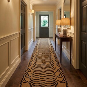 Tiger Print Runner Rug, Long Wavy Stripe Pattern, Beige and Black Hand Tufted Wool, Bold Eclectic High Pile, Entryway Hallway Decor