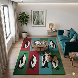 Könnte beinhalten: Ein rechteckiger Teppich mit einem Raster aus sechs farbigen Feldern, die jeweils eine schwarz-weiße Pinguin-Illustration zeigen. Der Teppich hat abwechselnde rote, grüne und blaue Abschnitte, mit einem kleinen Hund auf dem unteren rechten Teil.