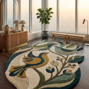Alfombra artística con diseño de pájaros y hojas, alfombra de área de forma irregular, mezcla de lana verde azulada y dorada, alfombra de felpa tejida a mano, acento para dormitorio o sala de estar
