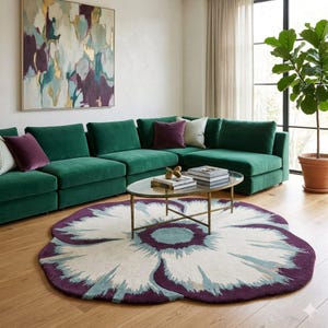 Hand Tufted Wool Rug, Scalloped Edge Circular, Plum Burgundy Aqua Cream, Abstract Floral, Plush High Pile, Living Room Bedroom Statement