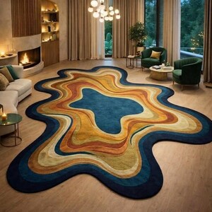 Large Blob Shaped Rug, Abstract Wavy Pattern, Teal Blue Rust Gold Wool Area Rug, Mid Century Modern 70s Style, Living Room Bedroom Statement