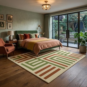 Könnte beinhalten: Ein rechteckiger Teppich mit cremefarbener Basis und einem geometrischen Muster aus ineinandergreifenden Linien in Olivgrün und Terrakotta-Orange, der auf einem dunklen Holzboden in einem Schlafzimmer mit grünem Bett und orangefarbener Bettwäsche liegt.