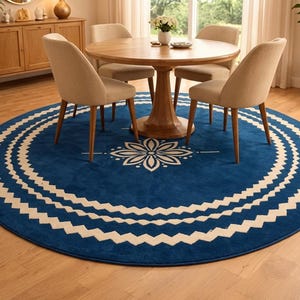 Round Blue Area Rug, Floral Medallion Pattern, Blue and Beige Wool, Contemporary Tufted, Kitchen and Dining Room Decor
