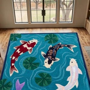 Koi Fish Area Rug, Hand-Tufted Wool Pond Rug, Teal Blue Whimsical Animal Pattern, Large Rectangle Floor Decor, Statement Rug Living Room