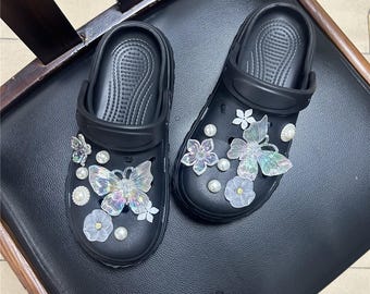 Iridescent Butterfly Croc Charms Set, Crystal Flower Shoe Charms for Crocs, Pearl Jibbitz, Fairycore Aesthetic Gift for Girls and Women