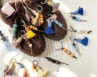 Boho Tassel Shoe Charm for Sneakers, Handmade Wooden Bead Lace Accessory, Colorful Sneaker Charm, Artisan Bag Charm, Bohemian Gift for Her