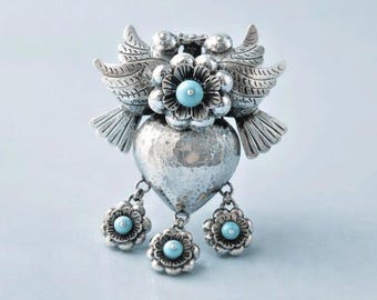 MAGNIFICENT PENDANT- Taxco 925  Silver Heart, Bird Turquoise Flower Masterpiece!