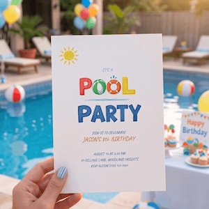 May include: A white rectangular invitation card with the text IT'S A POOL PARTY, JOIN US TO CELEBRATE JASON'S 8TH BIRTHDAY, AUGUST 12 AT 2:30 PM, 84 VILLAGE LANE, WOODLAND HEIGHTS, RSVP ALISON (555) 123-4567, and a yellow sun graphic.