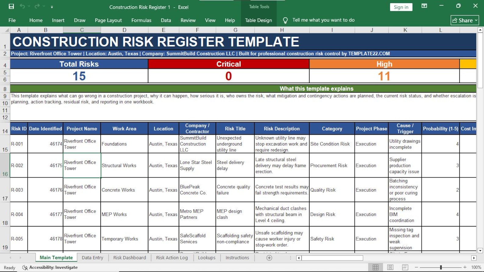 Construction Risk Register Preview