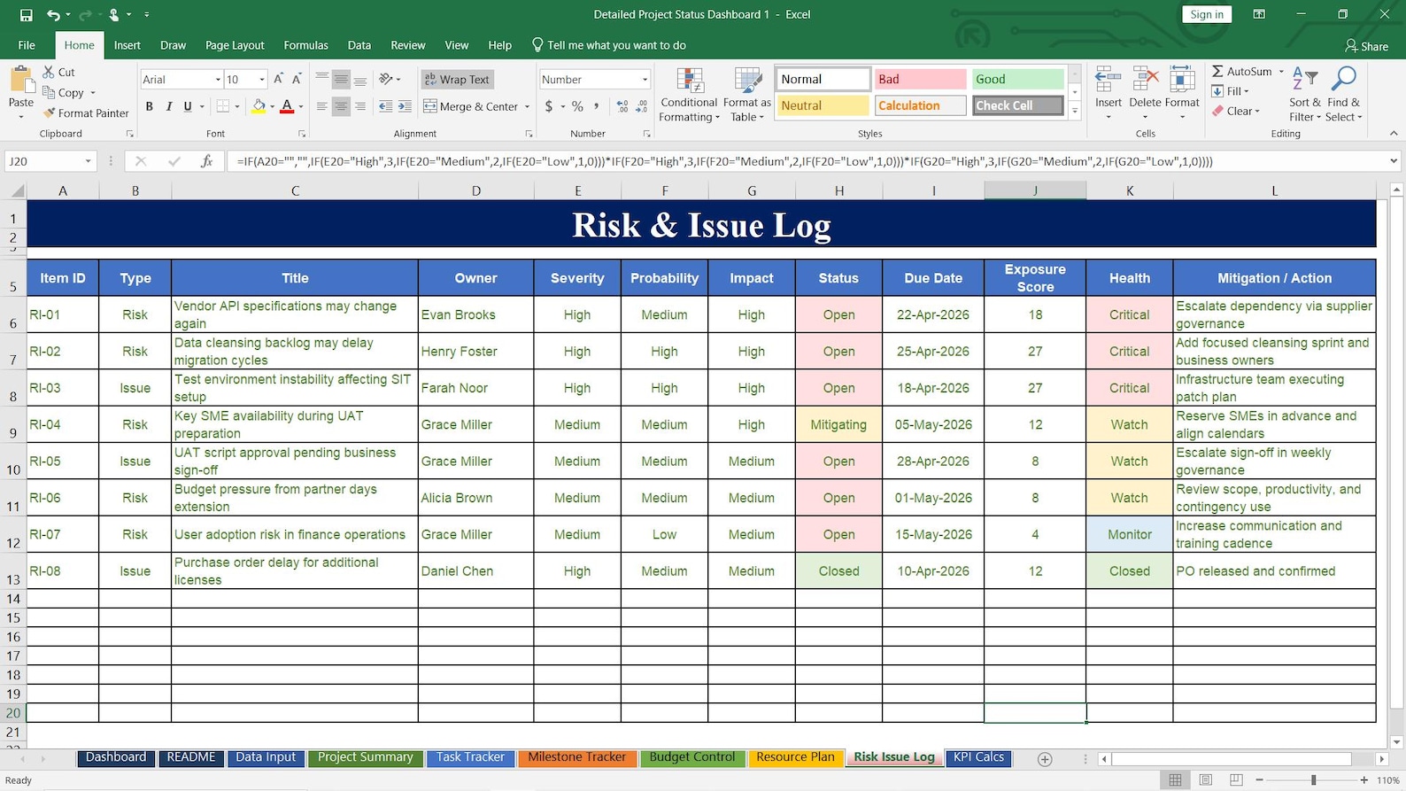 Risk and Issue Log Preview
