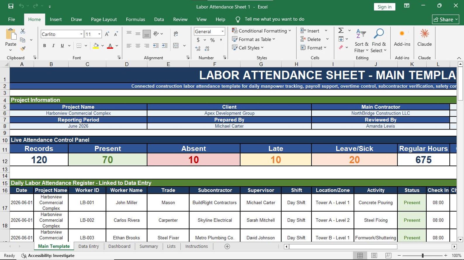 Labor Attendance Sheet