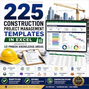 Puede incluir: Una colección digital de 225 plantillas de gestión de proyectos de construcción en Excel, organizadas por 10 áreas de conocimiento PMBOK. La imagen muestra un casco amarillo, un portapapeles con un plan y un panel de control de proyectos.