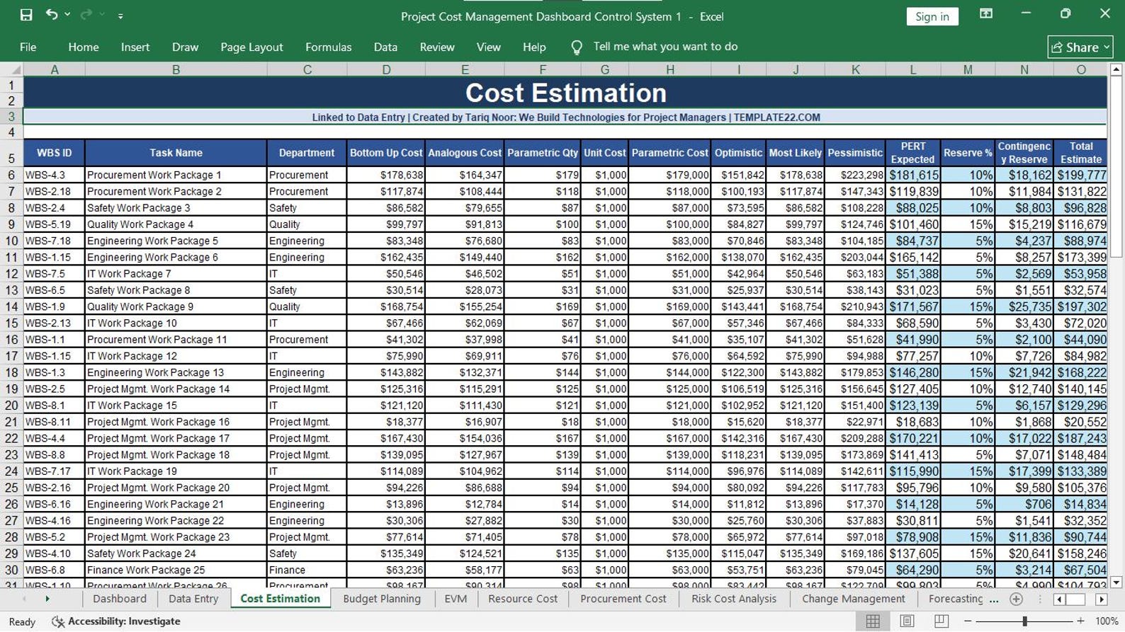 Cost Estimation Sheet Preview
