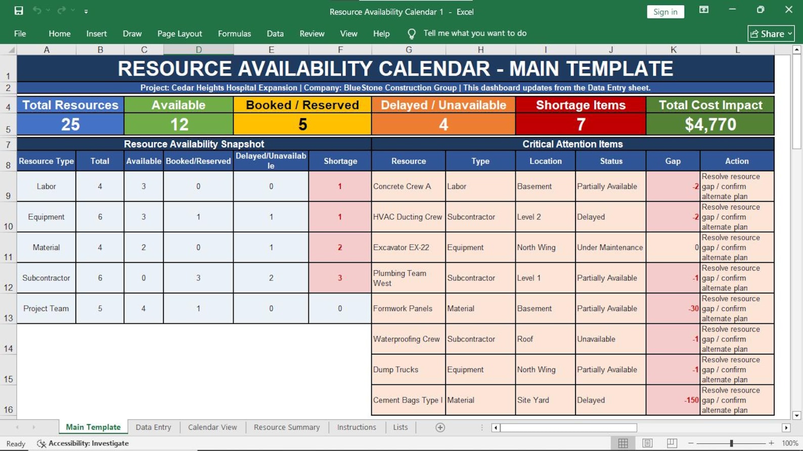 Construction Resource Management Excel Template Preview