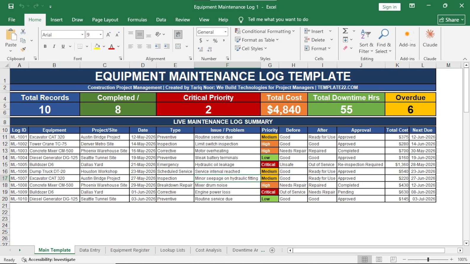 Equipment Maintenance Log