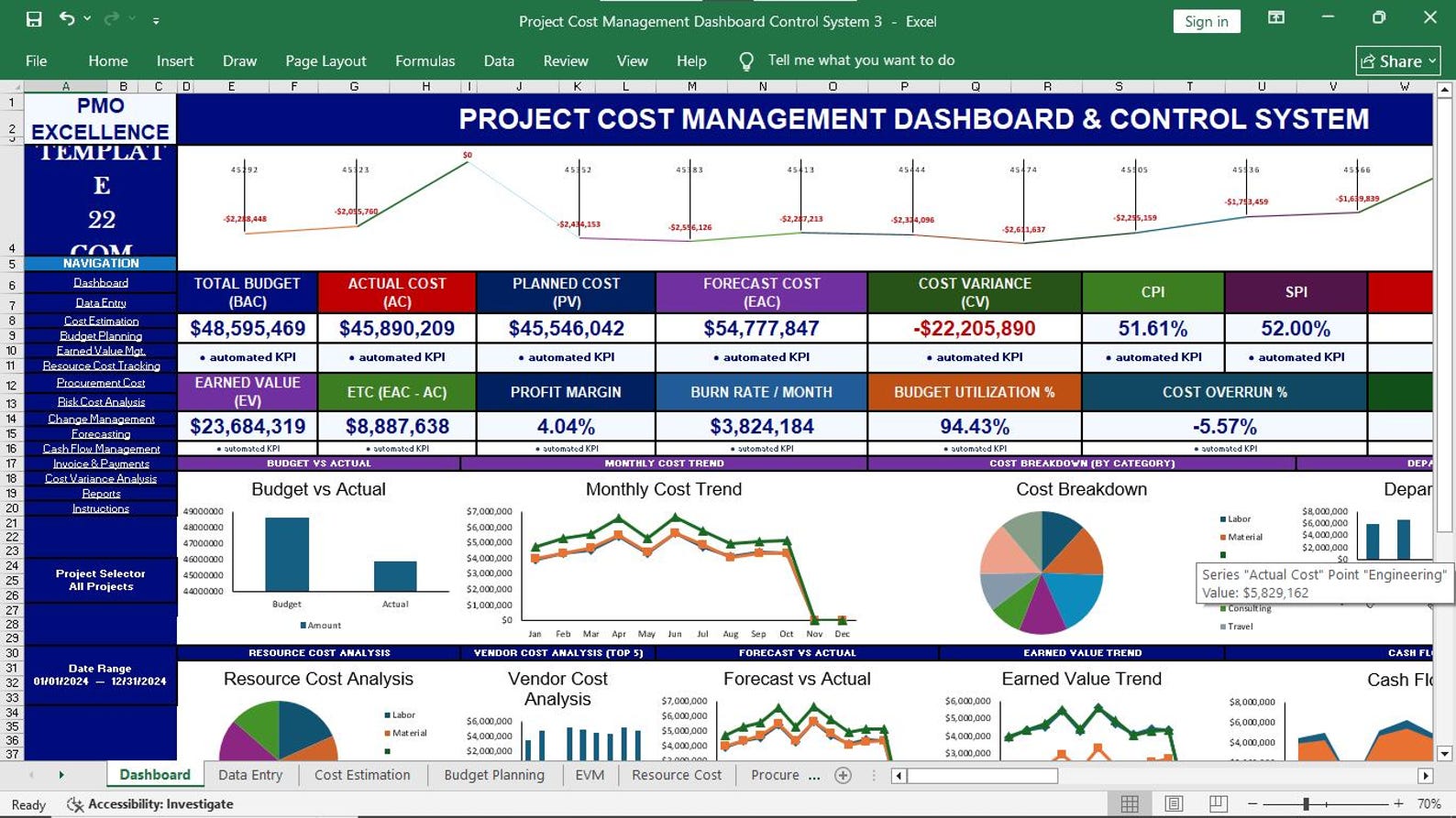 Project Cost Management Dashboard Excel Template Preview