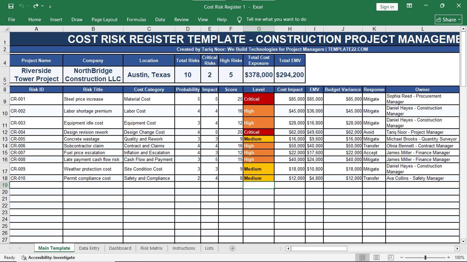 Cost Risk Register Preview