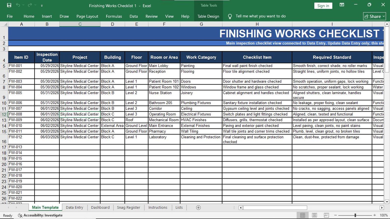 Finishing Works Checklist