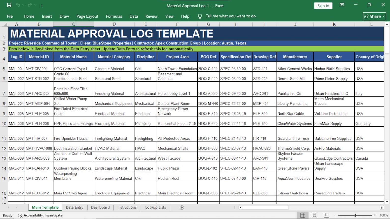 Material Approval Log
