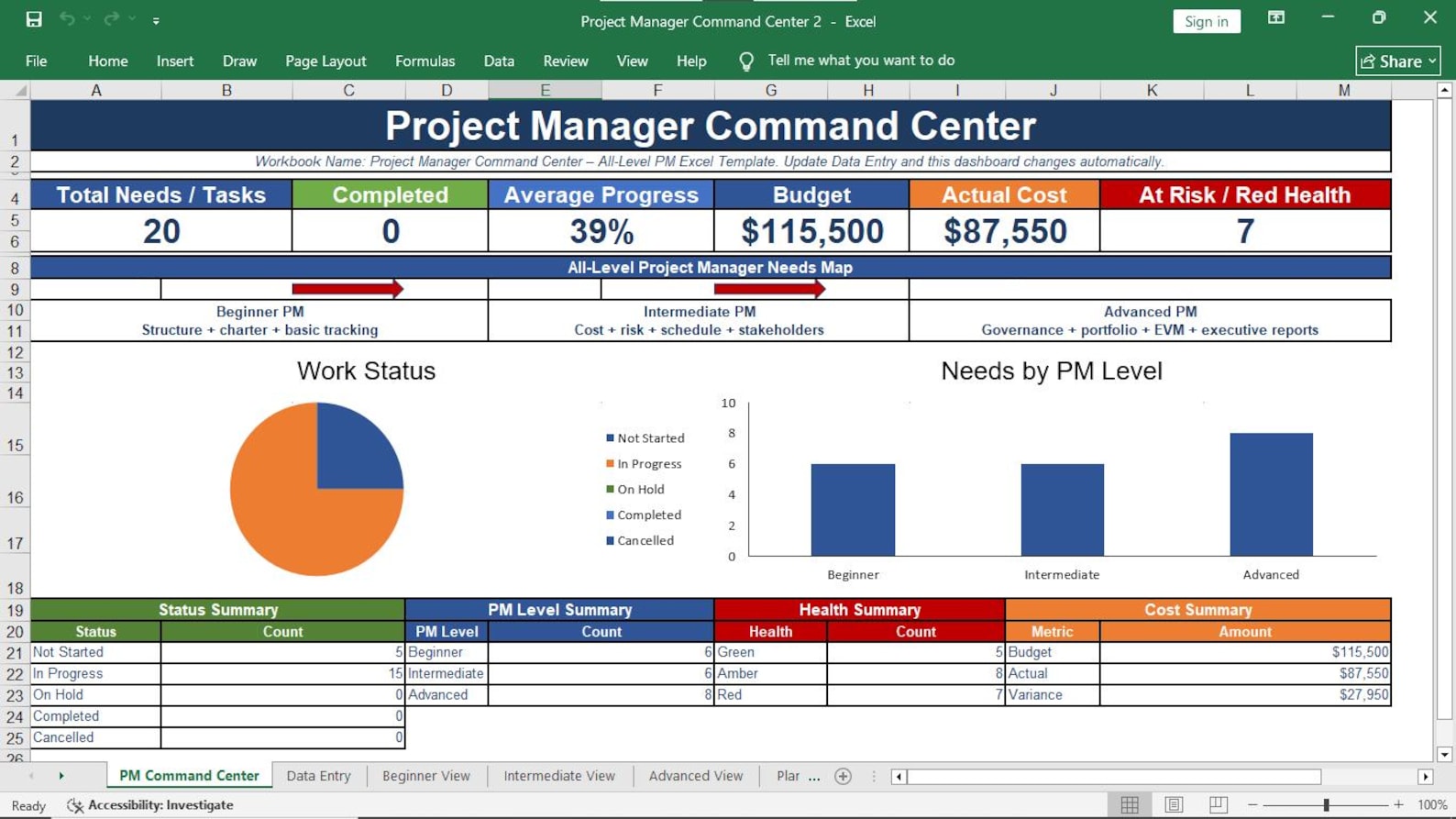 Project Manager Command Center Excel Template