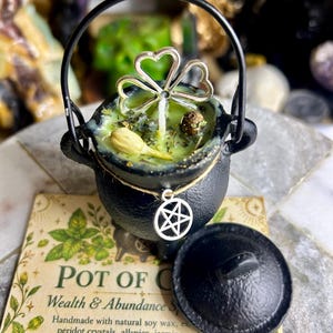 May include: A black metal cauldron candle filled with green wax, topped with a silver four-leaf clover charm, dried herbs, and a flower bud. A silver pentagram charm hangs from the rim. The lid sits beside a card labeled Pot of Gold.