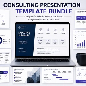 May include: A consulting presentation template bundle displayed on a laptop screen surrounded by various slide layouts including problem statement, market analysis, competitive landscape, customer journey map, strategic framework, and financial projections.