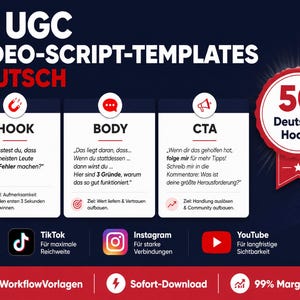 Könnte beinhalten: Dunkelblaue Grafik mit weißem Text, der 12 UGC-Video-Script-Vorlagen auf Deutsch bewirbt. Das Bild enthält Abschnitte für Hook, Body und CTA sowie Social-Media-Symbole für TikTok, Instagram und YouTube.