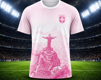 Camiseta de fútbol de Brasil rosa / Ropa juvenil de poliéster para aficionados / Camiseta de fútbol de la CBF / Kit de aficionado de Río / Edición especial Cristo Redentor