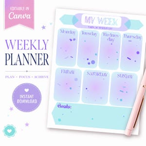 May include: A weekly planner with a pastel color scheme. The design features a light blue and purple gradient background with sections for each day of the week. Text includes "WEEKLY PLANNER", "MY WEEK", and "Goals". A pink pen rests on the right side.