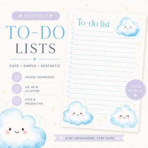 Può includere: Un elenco di cose da fare stampabile con un simpatico design a nuvola. L'elenco presenta il testo "To-Do Lists" e "To-do list". Il design include nuvole e stelle blu ad acquerello, con le frasi "Cute, Simple, Aesthetic" e "Stay Organized, Stay Cute".