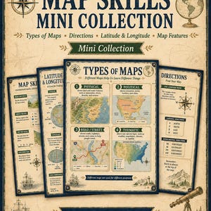 May include: A set of four educational posters titled Map Skills Mini Collection, featuring diagrams on types of maps, directions, and latitude and longitude. The posters include illustrations of a compass rose, a globe, and a telescope.