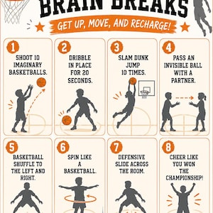 Könnte beinhalten: Ein Poster mit dem Titel Basketball Brain Breaks, das acht nummerierte Aktivitätsfelder mit Silhouetten von Kindern zeigt, die Basketball-Bewegungen ausführen. Der Text enthält Anweisungen, eine Anzeigetafel mit 24 zu 20 und den Satz Strong Body. Focused Mind. Champion You!