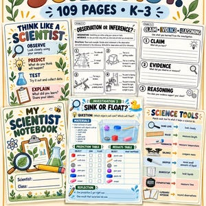 Könnte beinhalten: Eine Sammlung von pädagogischen Arbeitsblättern und Postern mit dem Titel Think Like a Scientist, die 109 Seiten für die Klassen K-3 umfasst. Die Materialien enthalten Übungen zu Beobachtung, Schlussfolgerung, Argumentation und wissenschaftlichen Werkzeugen.