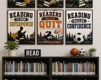 Modern Reading Posters, Corner Class Decor, Library Motivation Signs, Sports Theme Classroom, Printable Art