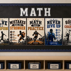 May include: A set of five motivational posters with the word MATH centered above them. Each poster features sports imagery and text including Solve Like A Champion, Mistakes Make You Stronger, Math Takes Practice, Never Give Up, and Solve Like A Champion.