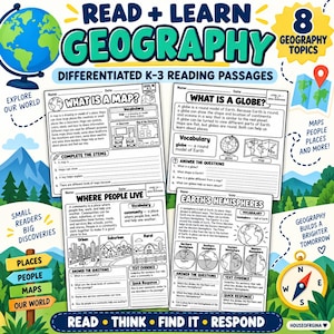 Könnte beinhalten: Geografie-Lernmaterialien für K-3-Schüler mit vier Arbeitsblättern zu den Themen What Is a Map, What Is a Globe, Where People Live und Earth's Hemispheres, inklusive Vokabeln, Lesetexten und Verständnisfragen für den Unterricht.