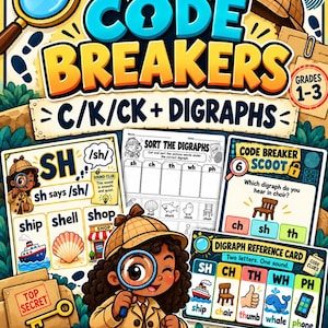 Peut inclure: Ressource éducative intitulée The Code Breakers C/K/CK + Digraphs pour les niveaux 1 à 3. Comprend des affiches, des fiches d'exercices, un jeu de type scoot et des évaluations rapides avec des illustrations de détective et des digraphes.