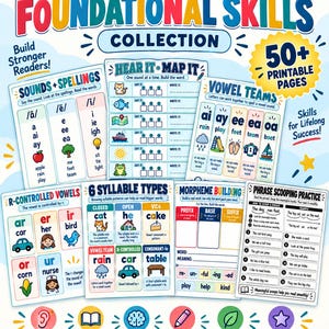 May include: A Science of Reading Foundational Skills collection featuring 50+ printable pages. The educational set includes charts for sounds, spellings, vowel teams, syllable types, morpheme building, and phrase scooping practice with colourful icons.