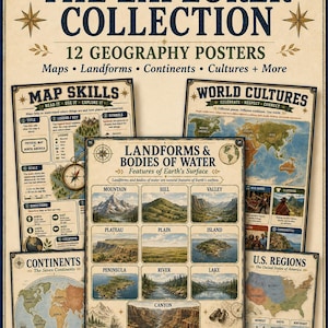 Paket med vintage geografiposters | Kartfärdigheter, kontinenter, hav, landformer, världskulturer, upptäcktsresandesamling
