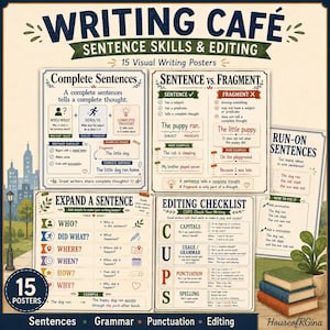 Op de afbeelding: Een set van 15 educatieve posters getiteld Writing Cafe Sentence Skills & Editing. De posters bevatten instructieve tekst, checklists en diagrammen voor grammatica, interpunctie en zinsbouw, inclusief secties over volledige zinnen, zinsfragmenten en bewerken.
