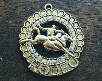 Western Rodeo Horse Medallion AB Rhinestone Charm with Rodeo print Antique Silver Finish Lead Free Pewter