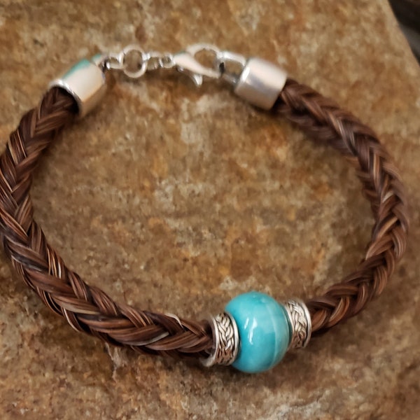 Custom Horse Hair Bracelet - Turquoise and Silver Beads -Square Braided-Gift Boxed Keepsake tribute pet loss memorial Read Full Description