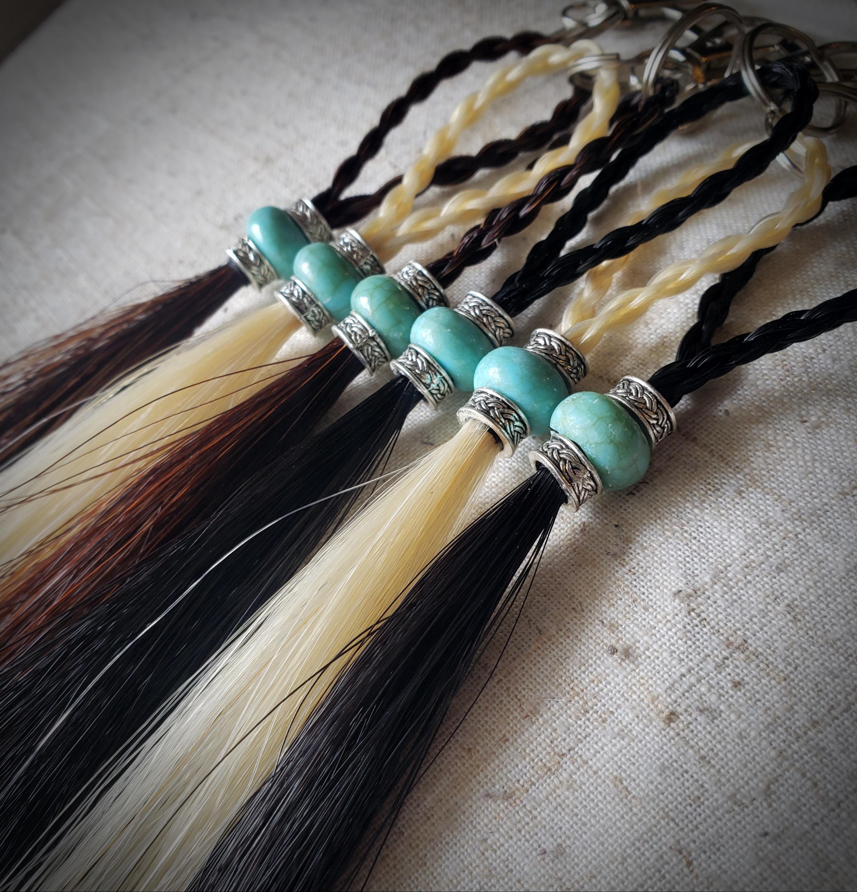 Long Beaded Silver/Turquoise Beaded Horse Hair Tassel Key Ring Chain - Gift Boxed Custom Horse Hair Key Chain pet memory keepsake memorial