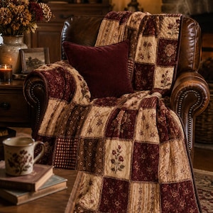 Burgundy Patchwork Blanket, Vintage Quilt Blanket, Farmhouse Throw Blanket, Rustic Floral Blanket, Country Cottage Decor, Cozy Home Gift