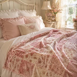 Pink Patchwork Blanket, Coquette Blanket, Shabby Chic Throw, Floral Quilt Blanket, Cottagecore Decor, Vintage Inspired Bedding