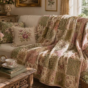 Vintage Patchwork Blanket, Floral Quilt Blanket, Cottagecore Throw, Shabby Chic Bedding, Sage Green Blanket, Feminine Home Decor