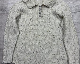 Cream Wool Cable Knit Sweater with Decorative Buttons