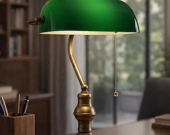 Luminária de mesa estilo banqueiro vintage em latão – Luminária de mesa antiga dourada com corrente, luminária clássica para biblioteca, escritório ou home office.